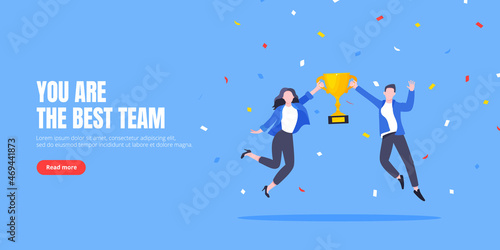 Happy business employee team winners award ceremony flat style design vector illustration. Employee recognition and best worker competition award team celebrating victory winner business concept.