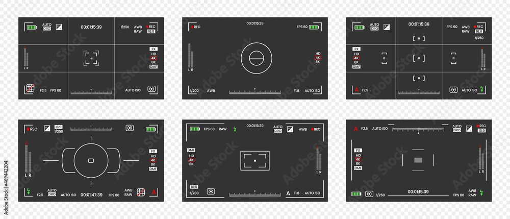 Camera viewfinder video or photo frame recorder flat style design vector illustration set. Digital camera viewfinder with exposure settings and focusing grid template.