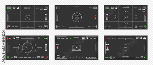 Camera viewfinder video or photo frame recorder flat style design vector illustration set. Digital camera viewfinder with exposure settings and focusing grid template.
