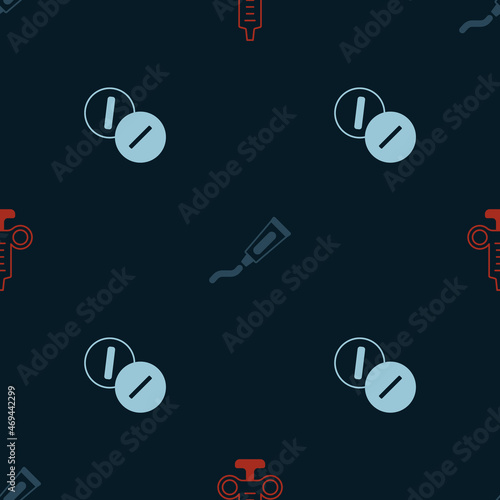 Set Syringe, Tube of toothpaste and Toothache painkiller tablet on seamless pattern. Vector