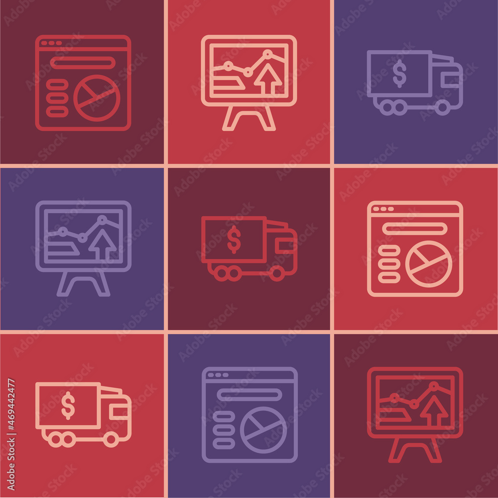 Set line Pie chart infographic, Armored truck and Monitor with icon. Vector Set line Pie chart infographic, Armored truck and Monitor with icon. Vector