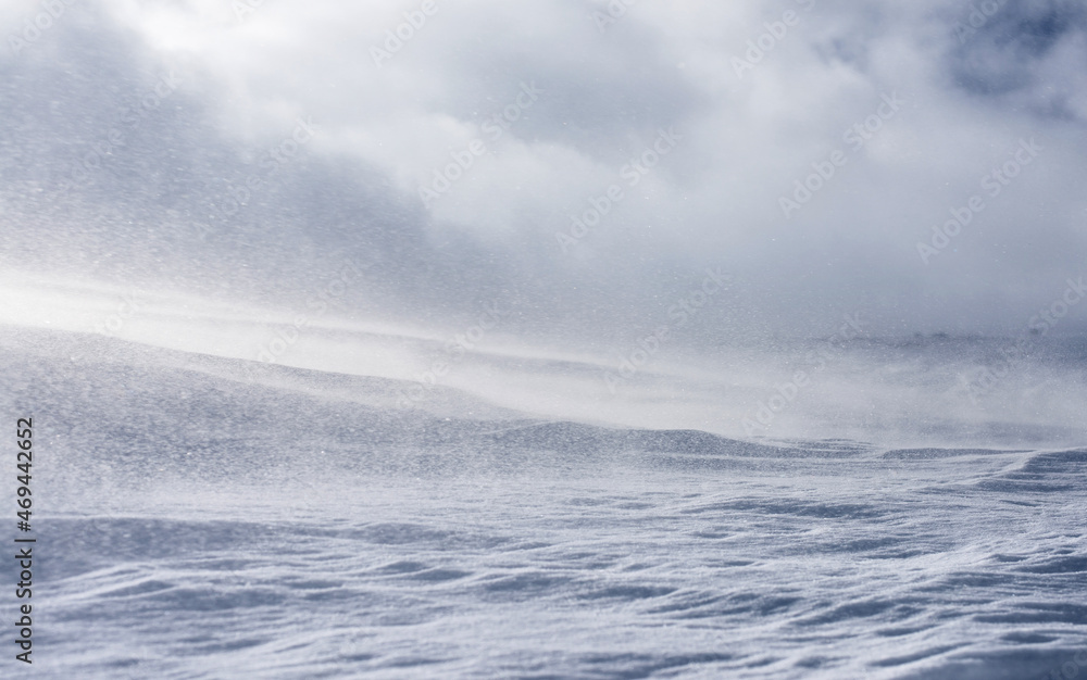 Snow surface under strong wind. Selective focus. Winter background.