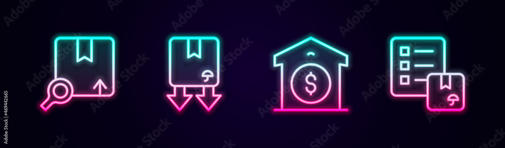 Set line Search package, Cardboard box with traffic symbol, Warehouse price and Verification of delivery list. Glowing neon icon. Vector Set line Search package, Cardboard box with traffic symbol, Warehouse price and Verification of delivery list. Glowing neon icon. Vector