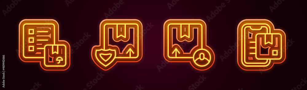 Set line Verification of delivery list, Delivery security with shield, Carton cardboard box and Document tracking marker. Glowing neon icon. Vector Set line Verification of delivery list, Delivery security with shield, Carton cardboard box and Document tracking marker. Glowing neon icon. Vector