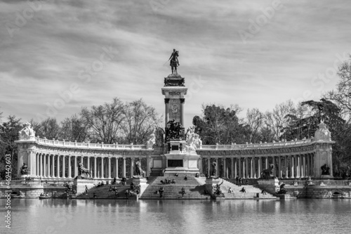 Alfonso XII Monument in Parque del Retiro. Retiro Park, Madrid, Spain. Inaugurated by his son Alfonso XIII in 1922. Front view. Black and white. photo