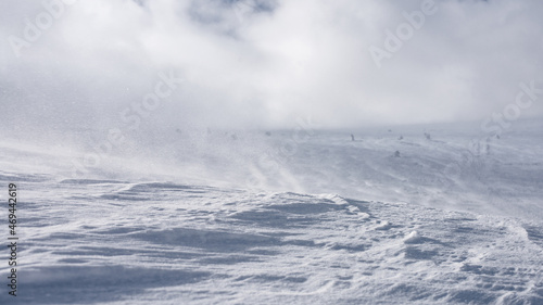 Snowy slope surface. Selective focus. Winter background. photo
