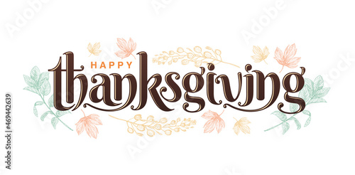 Happy THANKSGIVING lettering fonts with isolated white backgrounds, happy thanksgiving illustration with floral pattern, for greeting cards, invitation, sign and banners.