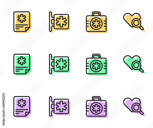 Set line First aid kit, Patient record, Emergency - Star of Life and Medical heart inspection icon. Vector