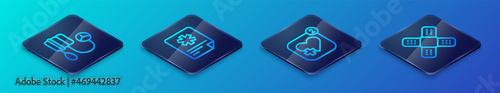 Set Isometric line Mobile with heart rate, Blood pressure, Crossed bandage plaster and Patient record icon. Vector
