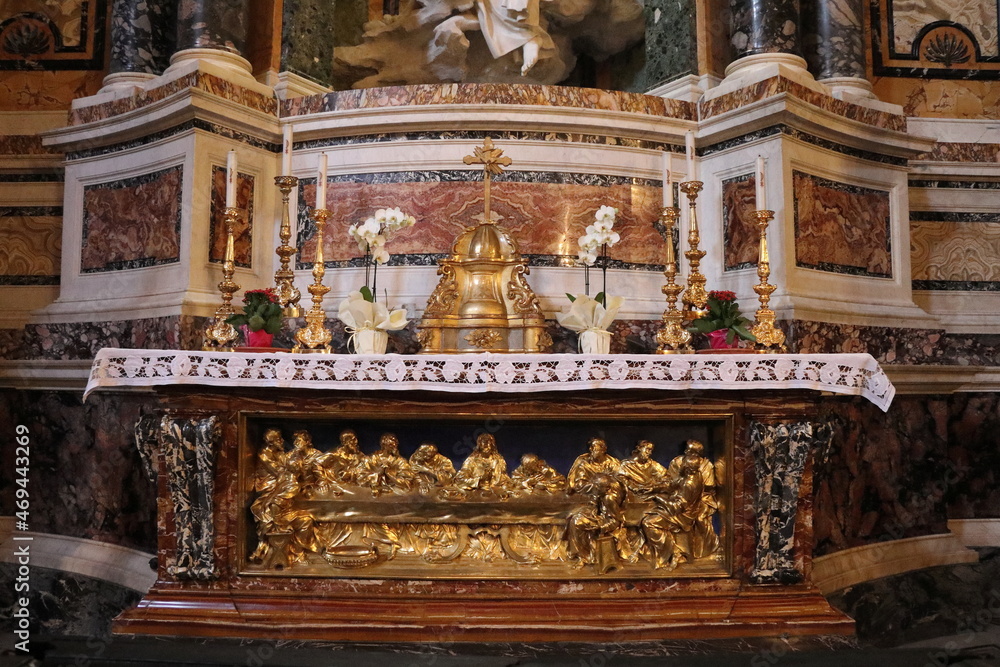 Santa Maria della Vittoria Church Altar with a Golden Representation of the Last Supper as Antependium in Rome, Italy