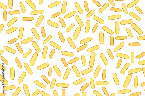 Fish oil in gelatin capsules isolate. Omega vitamins in golden colored pills on a blank white background. Medicine  pharmacy  drugs and multivitamins oils concept