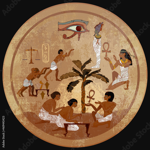 Ancient Egypt. Egyptian gods, mythology. Hieroglyphic carvings. History wall painting, tomb King Tutankhamun. Mummification. Concept of a next world. Pharaoh sarcophagus