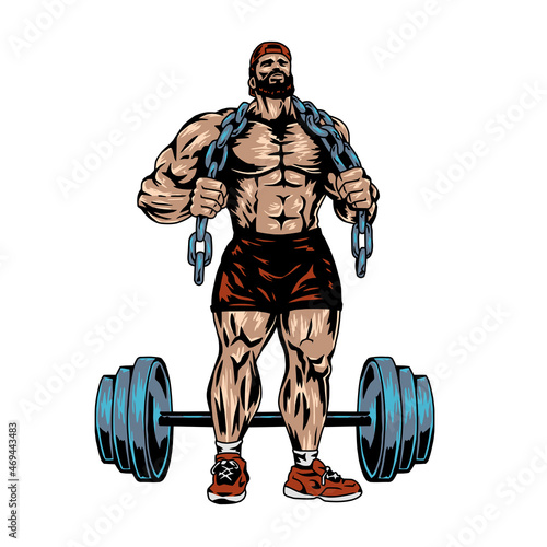 muscular bodybuilder with chain and barbell, vector, logo, cartoon, mascot, character