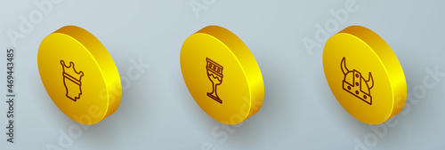 Set Isometric line King crown, Medieval goblet and Viking horned helmet icon. Vector