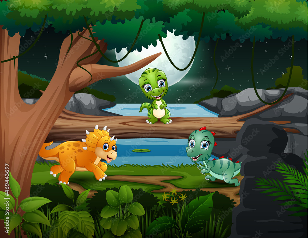Naklejka premium Cartoon three little dinosaur playing at night