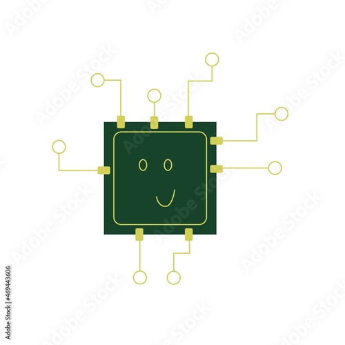Cartoon square image of microchip in the form of a character with a happy expression due to resumption of production. Vector illustration