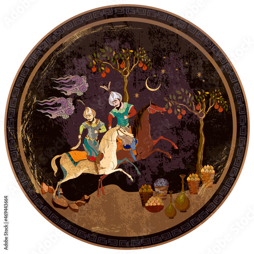 Thousand and One Nights concept. Persian frescoes. Medieval miniature. Mughal art. Ottoman Empire book miniature. Fairy tales and legends of the Middle East. Ancient civilization murals