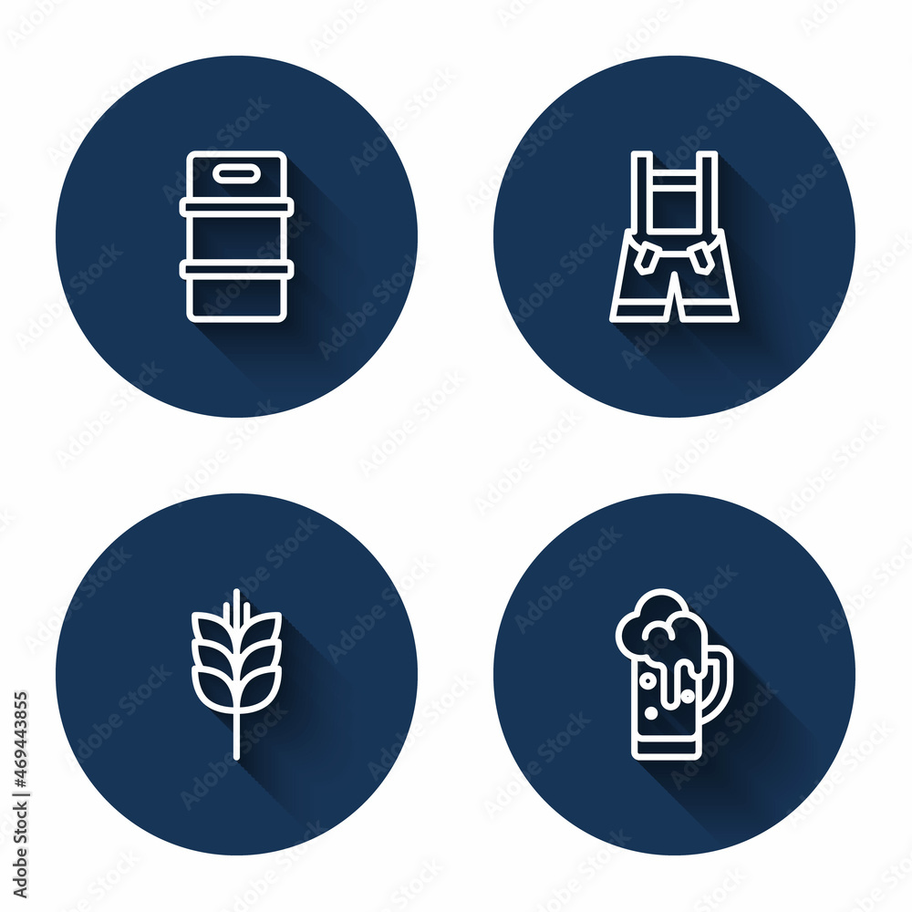 Set line Metal beer keg, Lederhosen, Wheat and Glass of with long shadow. Blue circle button. Vector Set line Metal beer keg, Lederhosen, Wheat and Glass of with long shadow. Blue circle button. Vector