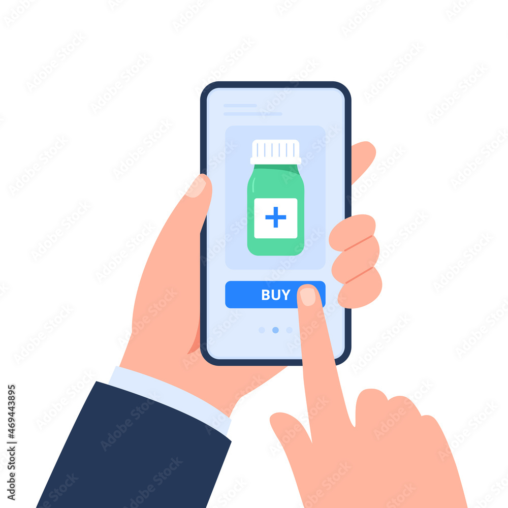 Human hands hold a smartphone and order medicines. Medical treatment. Online pharmacy, delivery drugs, prescription medicines order. Vector flat illustration isolated on white background. Human hands hold a smartphone and order medicines. Medical treatment. Online pharmacy, delivery drugs, prescription medicines order. Vector flat illustration isolated on white background.