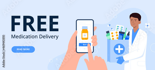 A pharmacist gives an order with medicine to an online customer. Medical treatment. Online pharmacy, delivery drugs, prescription medicines order. Vector flat illustration for banners, landing page.