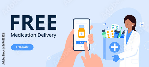 A pharmacist gives an order with medicine to an online customer. Medical treatment. Online pharmacy, delivery drugs, prescription medicines order. Vector flat illustration for banners, landing page.