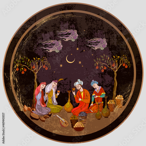 Fairy tales and legends of the Middle East. Ancient civilization murals. Thousand and One Nights concept. Persian frescoes. Medieval miniature. Mughal art. Ottoman Empire book miniature