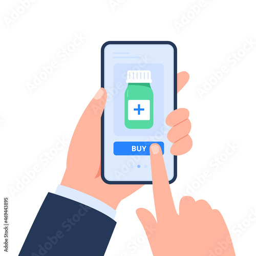 Human hands hold a smartphone and order medicines. Medical treatment. Online pharmacy, delivery drugs, prescription medicines order. Vector flat illustration isolated on white background.