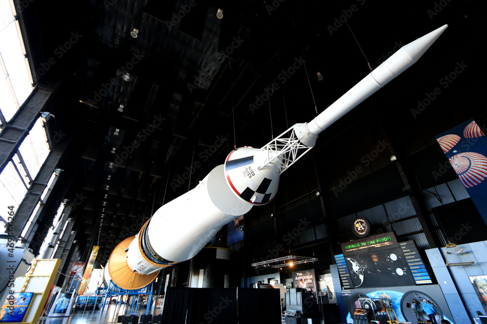 Command Module and Launch Escape System (LES) of the Saturn V at the Saturn V Hall at the