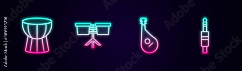 Set line African darbuka drum, Bongo, Bandura and Audio jack. Glowing neon icon. Vector