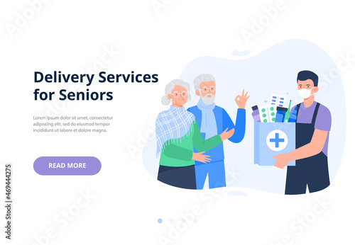 A courier in a mask gives an order with drugs to elderly couple. Medical treatment. Online pharmacy, delivery drugs, prescription medicines order. Vector flat illustration for banners, landing page.