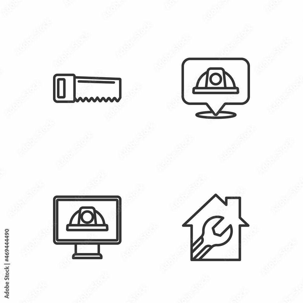 Set line House with wrench spanner, Worker safety helmet, Hand saw and icon. Vector Set line House with wrench spanner, Worker safety helmet, Hand saw and icon. Vector
