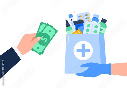 Payment by cash for delivery from the pharmacy store. Delivery service. Online pharmacy, delivery drugs, prescription medicines order. Vector flat illustration isolated on white background.