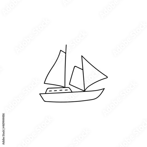 Boat, sail icon. schooner ship symbol in flat black line style, isolated on white 
