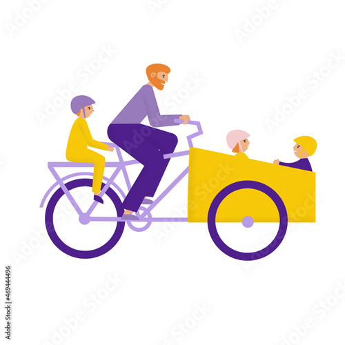 Man riding cargo bike with children. Father carries three children in bakfiets bicycle. Flat vector illustration
