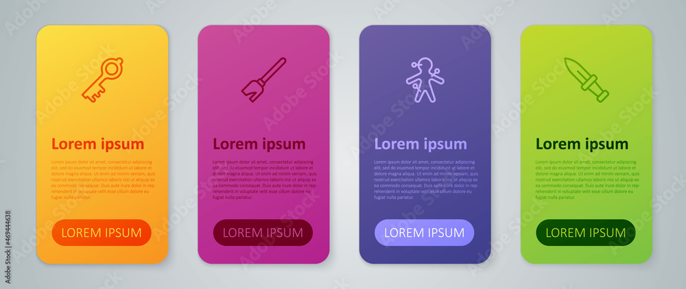 Set line Voodoo doll, Dagger, Old magic key and Witches broom. Business infographic template. Vector Set line Voodoo doll, Dagger, Old magic key and Witches broom. Business infographic template. Vector