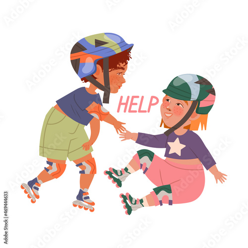 Boy helping girl to get up. Help verb expressing action cartoon vector illustration