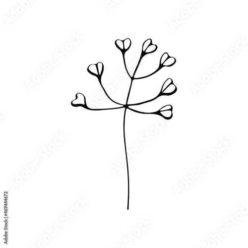 A hand-drawn set of black sketches of isolated flowers and leaves on a white background. A vector description of a doodle of flowers and leaves.