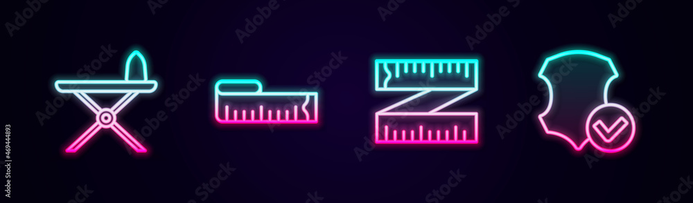 Fototapeta premium Set line Electric iron and ironing board, Tape measure, and Leather. Glowing neon icon. Vector