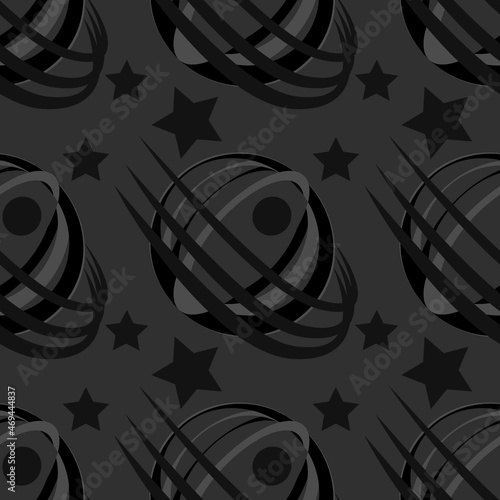 Seamless pattern, infinite texture on a square background - stylized space - satellite or planet and stars