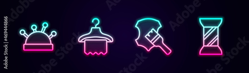 Set line Needle bed and needles, Hanger wardrobe, Leather and Sewing thread on spool. Glowing neon icon. Vector