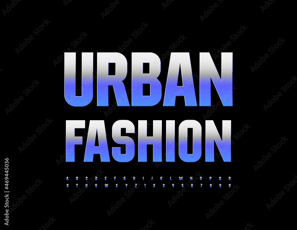 Vector chic emblem Urban Fashion. Gradient metallic Font. Purple steel Alphabet Letters and Numbers set