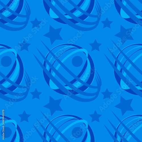 Seamless pattern, infinite texture on a square background - stylized space - satellite or planet and stars