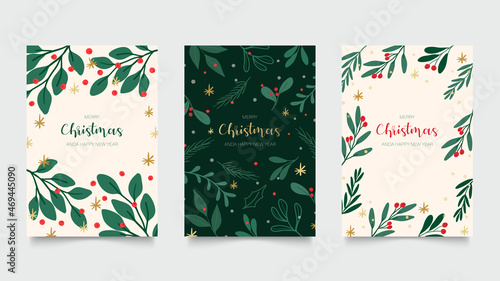 Green and  red Christmas invitation cards vector design template. Floral Christmas greeting card design with flower and winter leaves frame. Vector illustration.