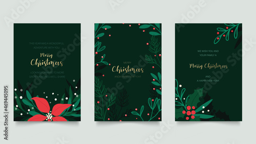 Green and  red Christmas invitation cards vector design template. Floral Christmas greeting card design with flower and winter leaves frame. Vector illustration.