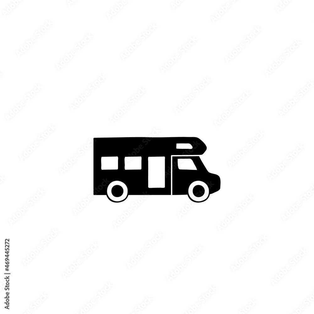 Bus, camp, camper icon, campsite car symbol in solid black flat shape glyph icon, isolated on white background 