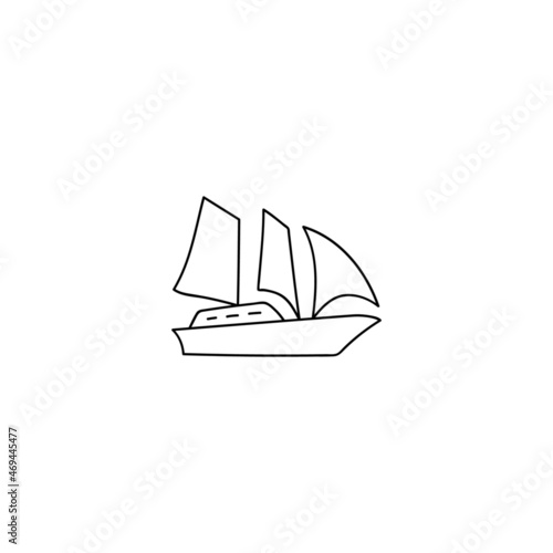 Boat, sail icon. schooner ship symbol in flat black line style, isolated on white background