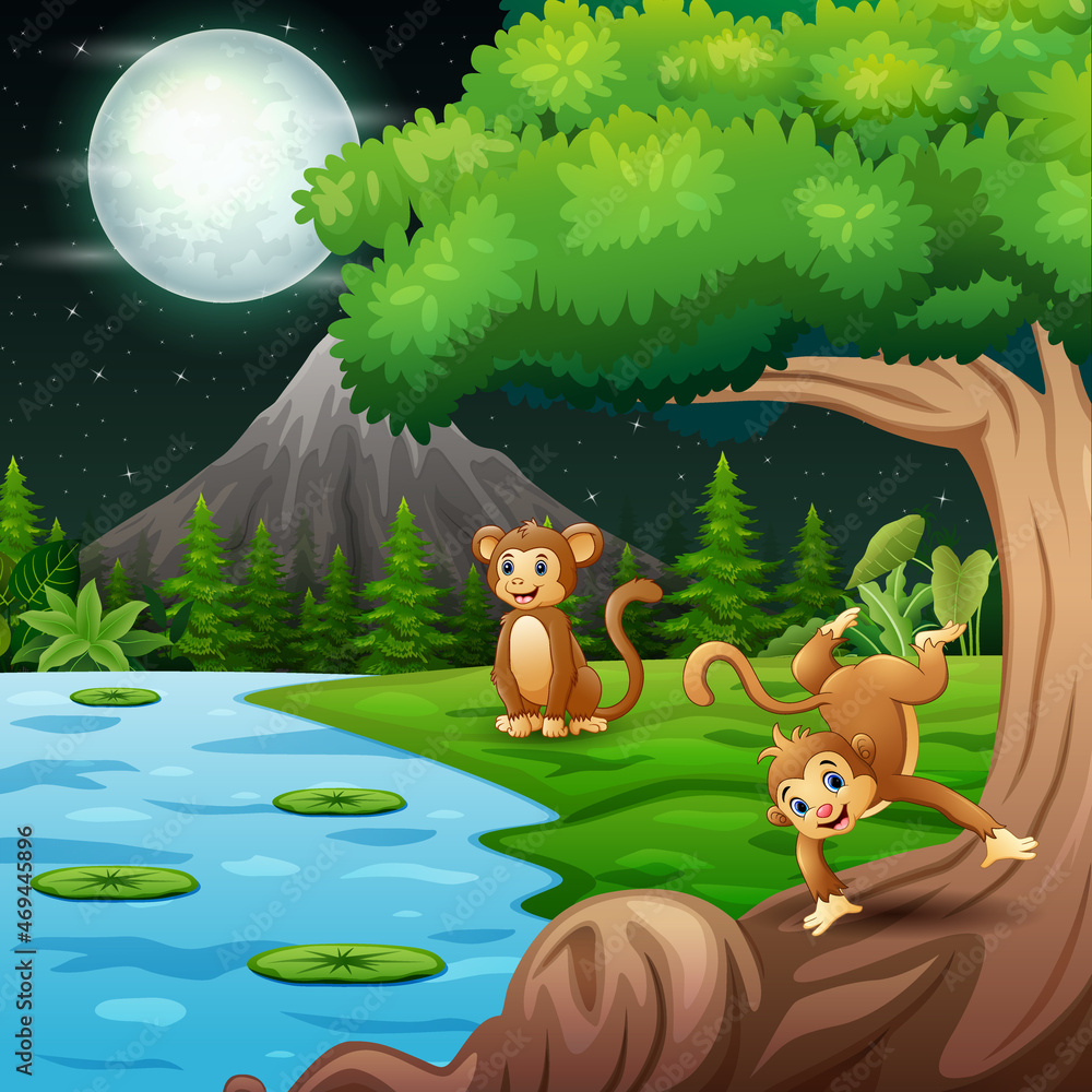Fototapeta premium Cartoon illustration of monkeys playing at night landscape