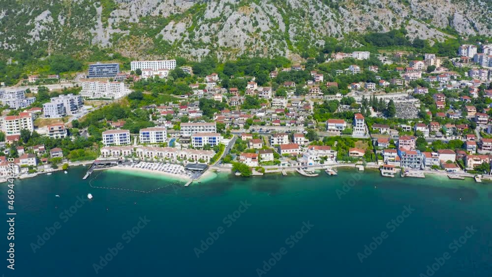 Harbour in Perast town at Boka Kotor bay on Montenegro, Europe. Aerial drone view 4K. Harbour in Perast town at Boka Kotor bay on Montenegro, Europe. Aerial drone view 4K.