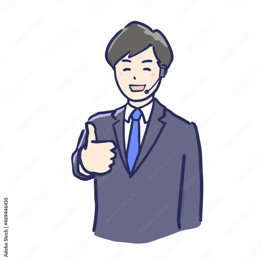 笑顔で同調するヘッドセットをつけて親指を立てたジェスチャーをする男性のイラスト 笑顔で同調するヘッドセットをつけて親指を立てたジェスチャーをする男性のイラスト
