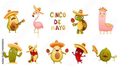 Mexican culture symbols set. Cute funny avocado, flamingo, turtle, llama, cactus, lime in sombrero hats playing musical instruments and dancing cartoon vector illustration